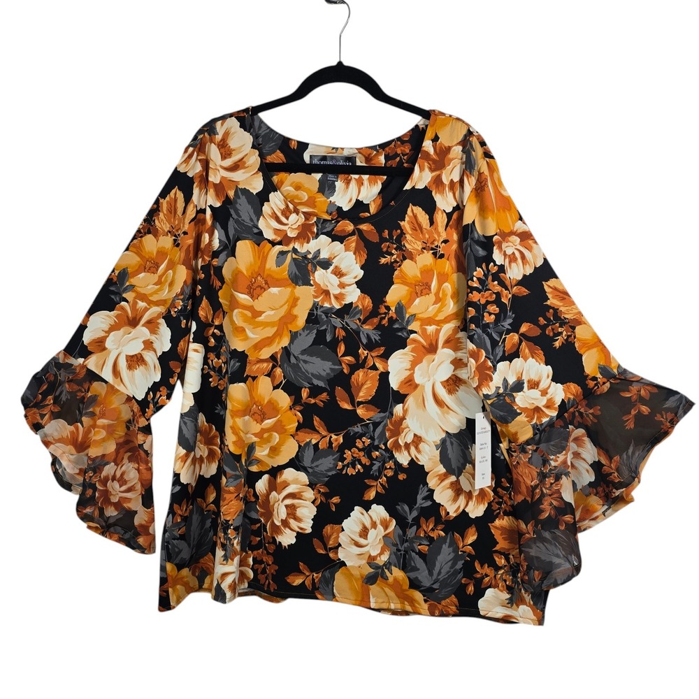 Thomas & Olivia Women Blouse 3X Black Orange Floral Bell Sleeve Ruffle NWT Boho